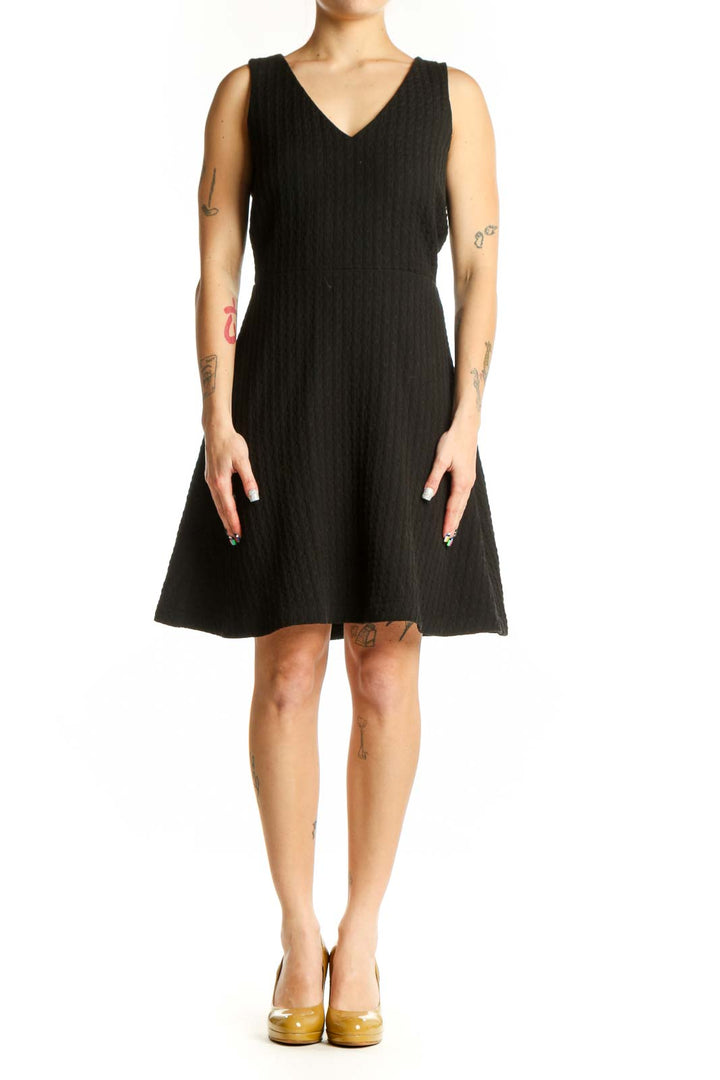 Black ribbed V-neck sleeveless fit and flare dress front view