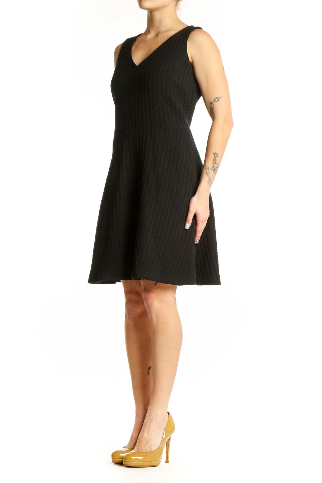 Black ribbed V-neck sleeveless fit and flare dress front view
