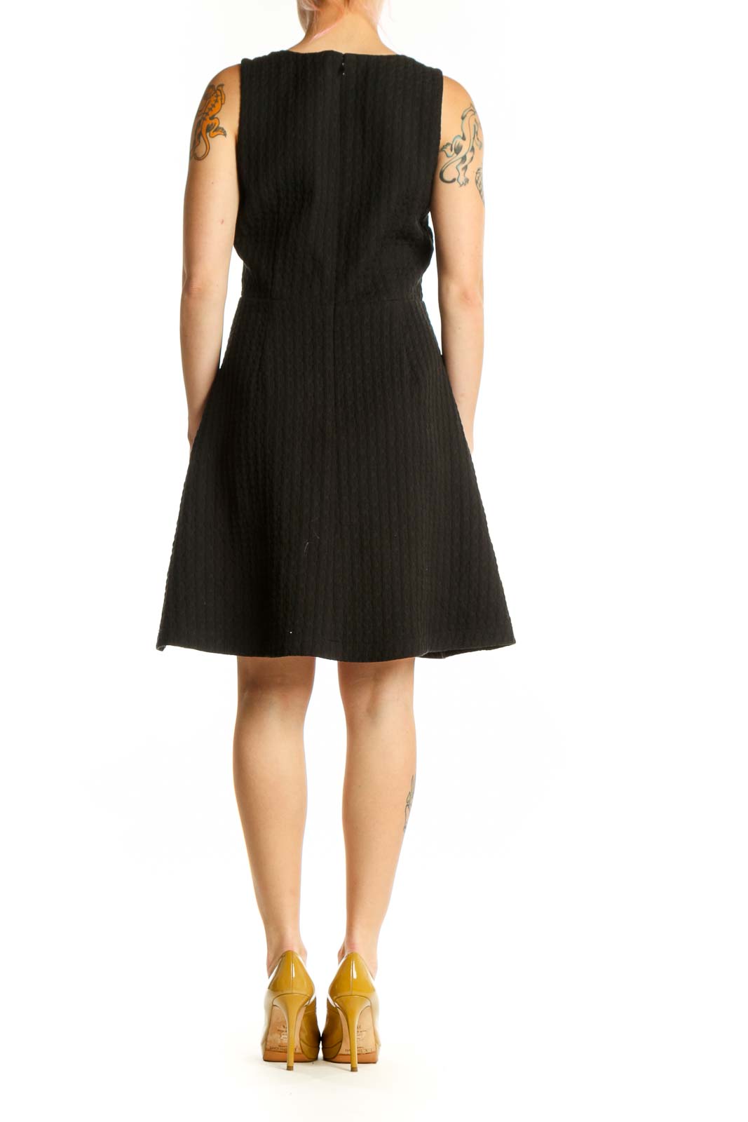 Black ribbed V-neck sleeveless fit and flare dress back view
