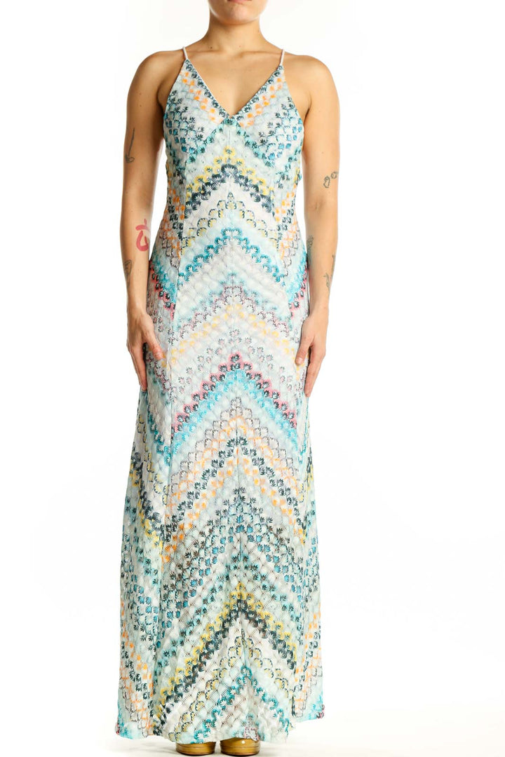 Front view of multicolor sequin chevron maxi dress with V-neckline and spaghetti straps