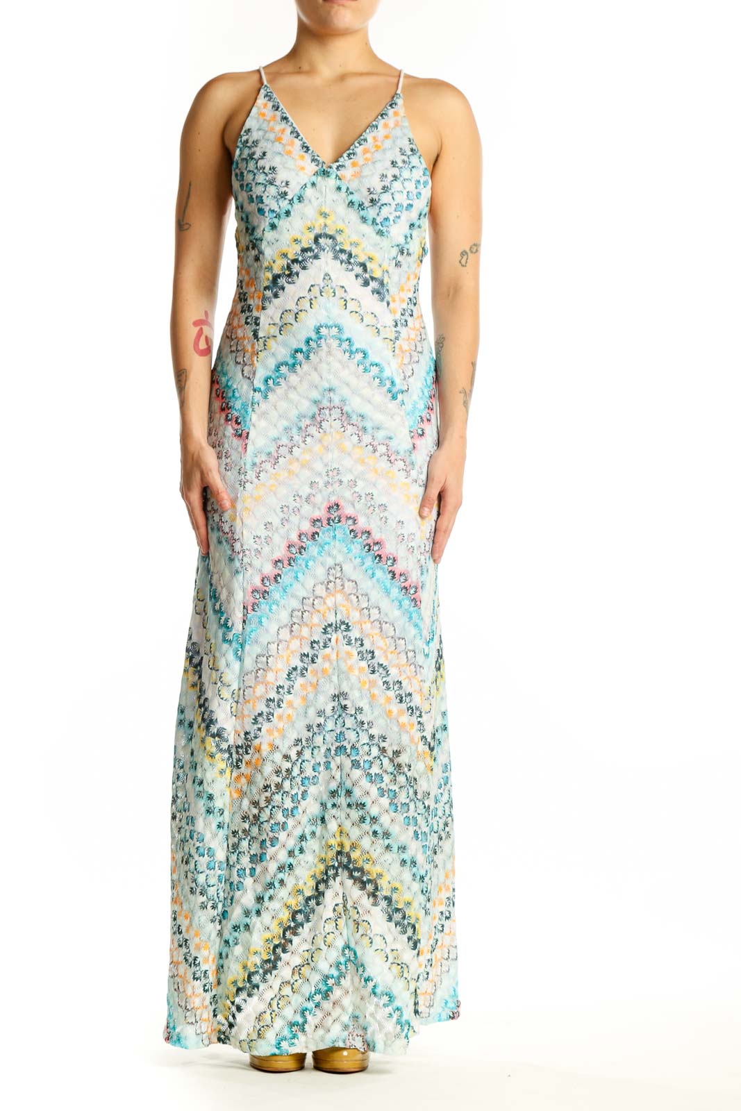 Front view of multicolor sequin chevron maxi dress with V-neckline and spaghetti straps
