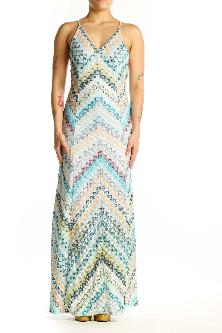 Front view of multicolor sequin chevron maxi dress with V-neckline and spaghetti straps