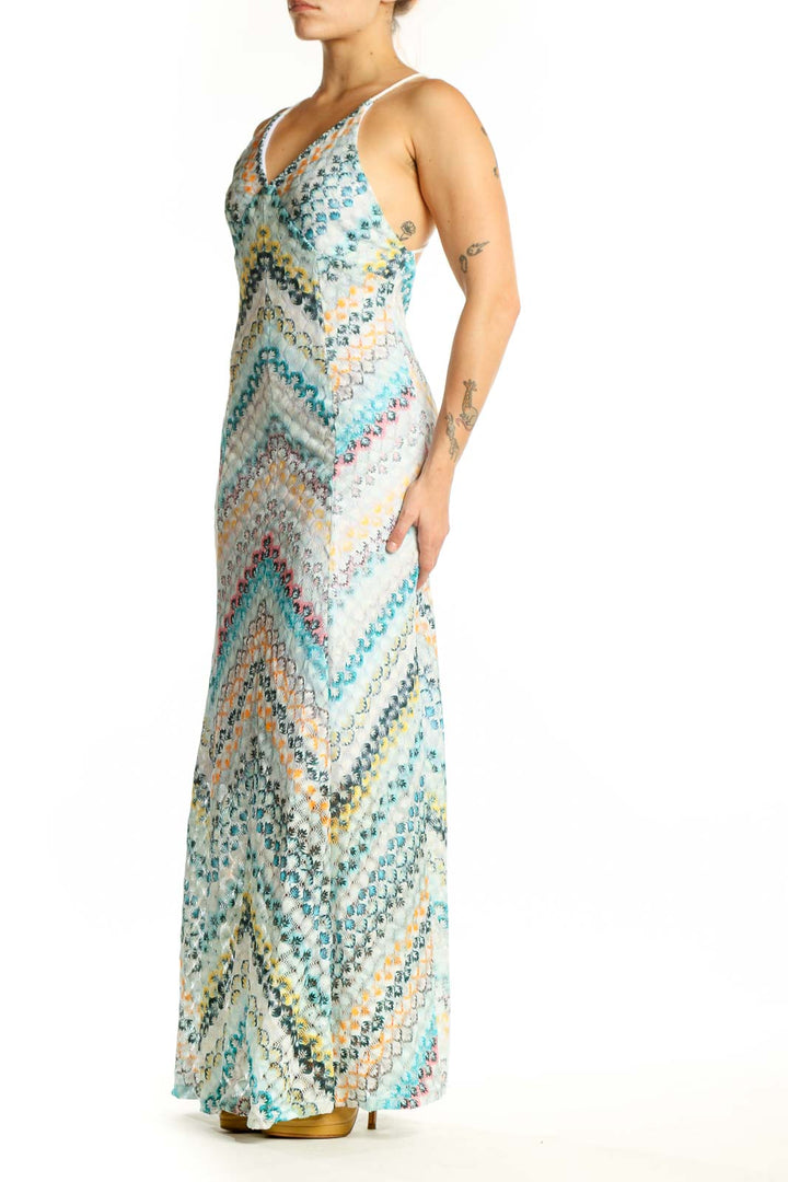 Front view of multicolor sequin chevron maxi dress with V-neckline and spaghetti straps