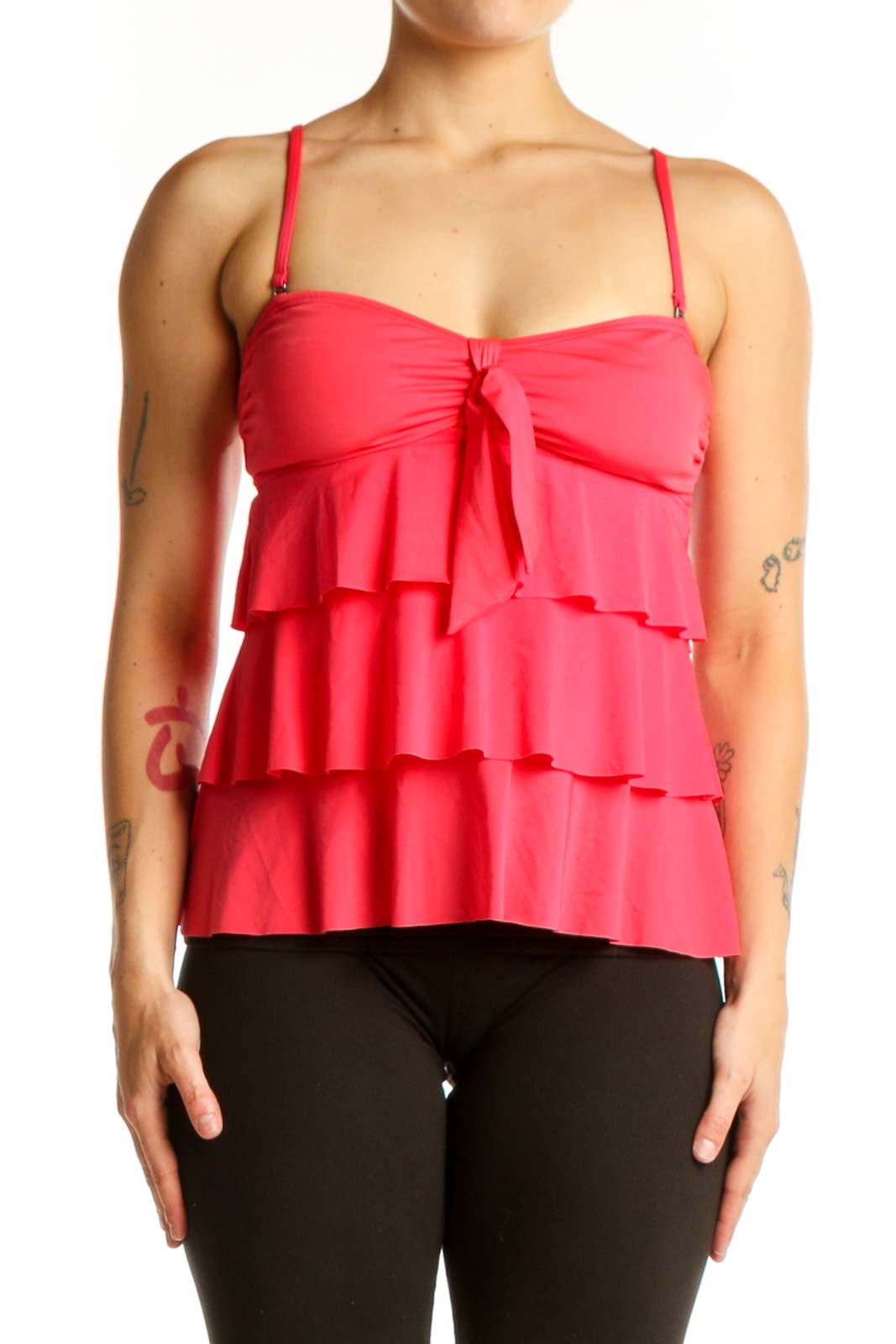 Red ruffle tiered camisole tank top with sweetheart neckline and adjustable spaghetti straps, front view