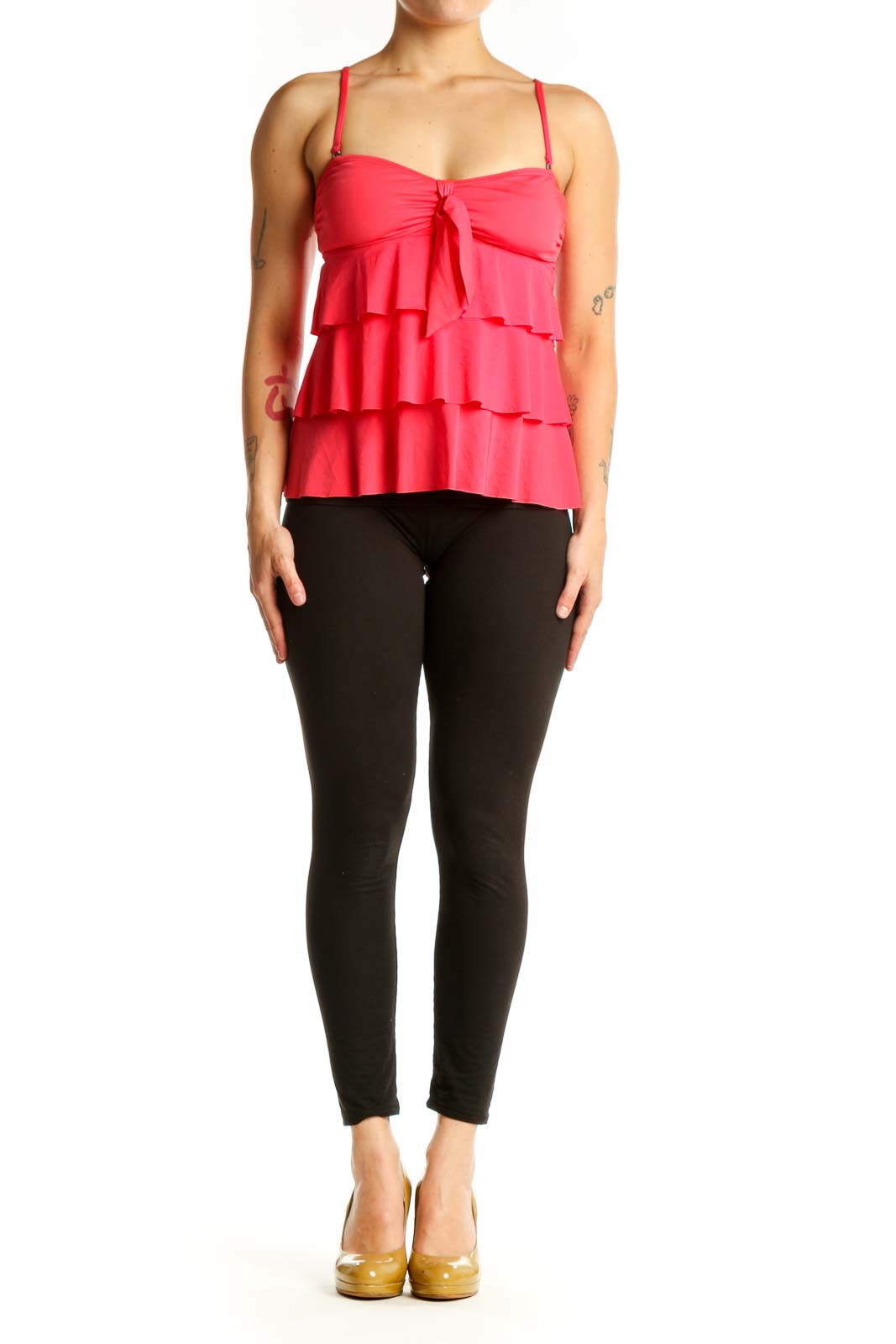Red ruffle tiered camisole tank top with sweetheart neckline and adjustable spaghetti straps, front view