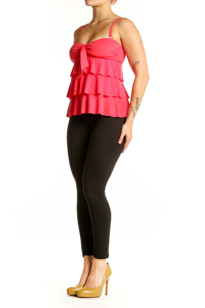 Red ruffle tiered camisole tank top with sweetheart neckline and adjustable spaghetti straps, front view