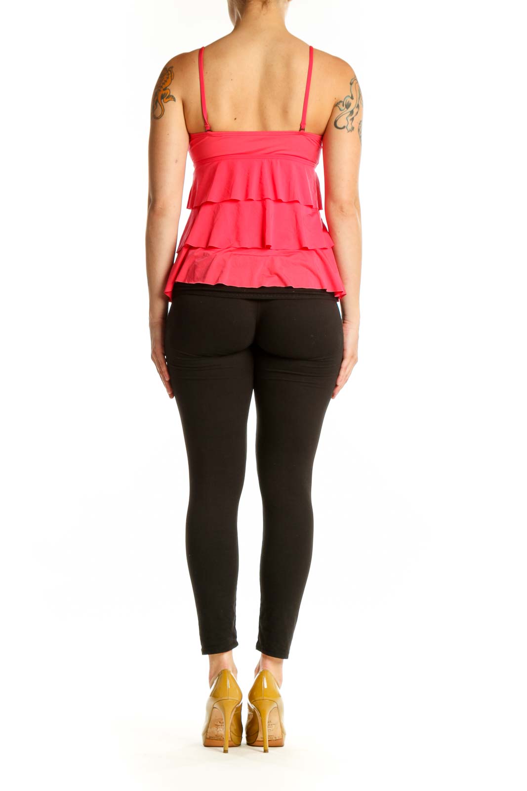 Red ruffle tiered camisole tank top back view showing cascading ruffles and adjustable straps