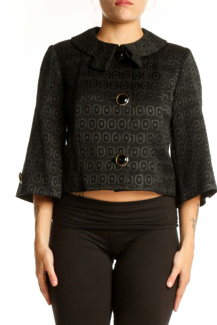 Black geometric jacquard cropped jacket with Peter Pan collar and button front closure