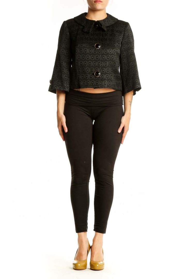 Black geometric jacquard cropped jacket with Peter Pan collar and button front closure