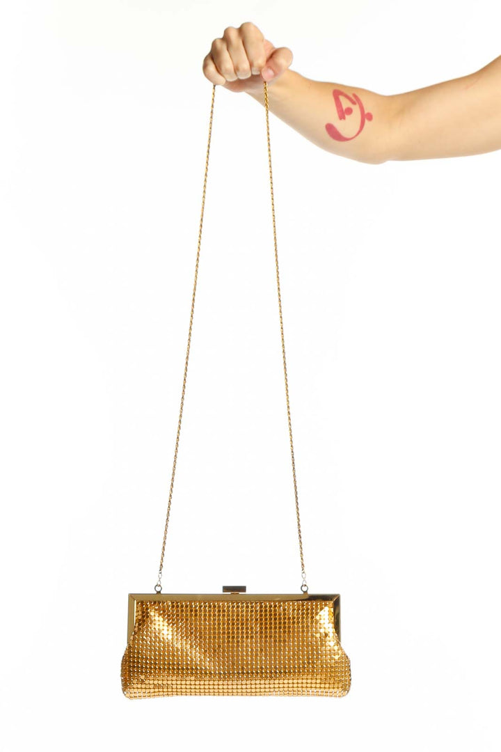 Gold mesh sequin evening clutch with chain strap and metal frame closure by La Regale
