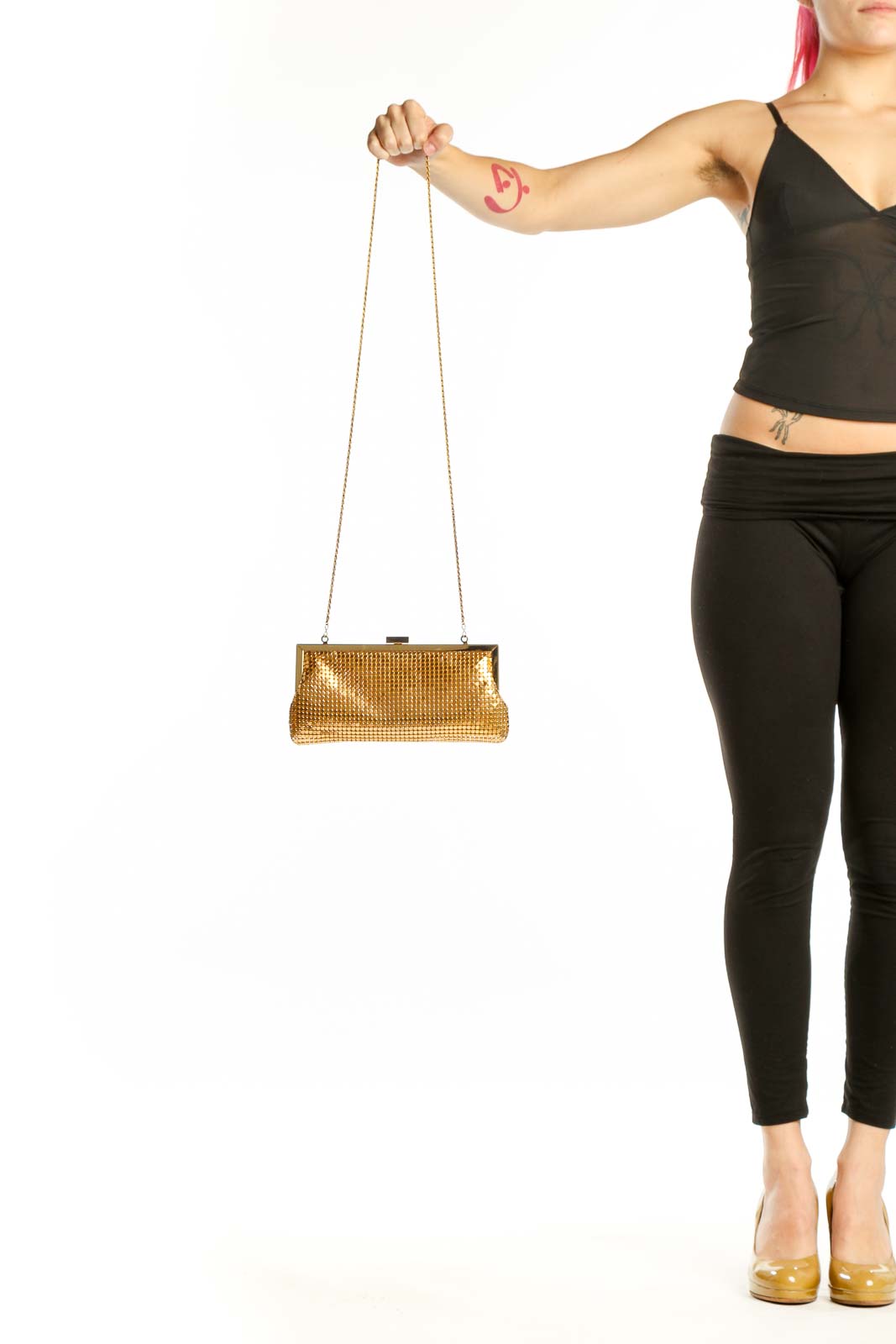 Gold mesh sequin evening clutch with chain strap and metal frame closure by La Regale