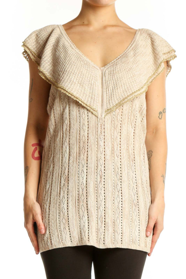 Cream ruffled v-neck knit top with eyelet detailing and flutter sleeves, front view