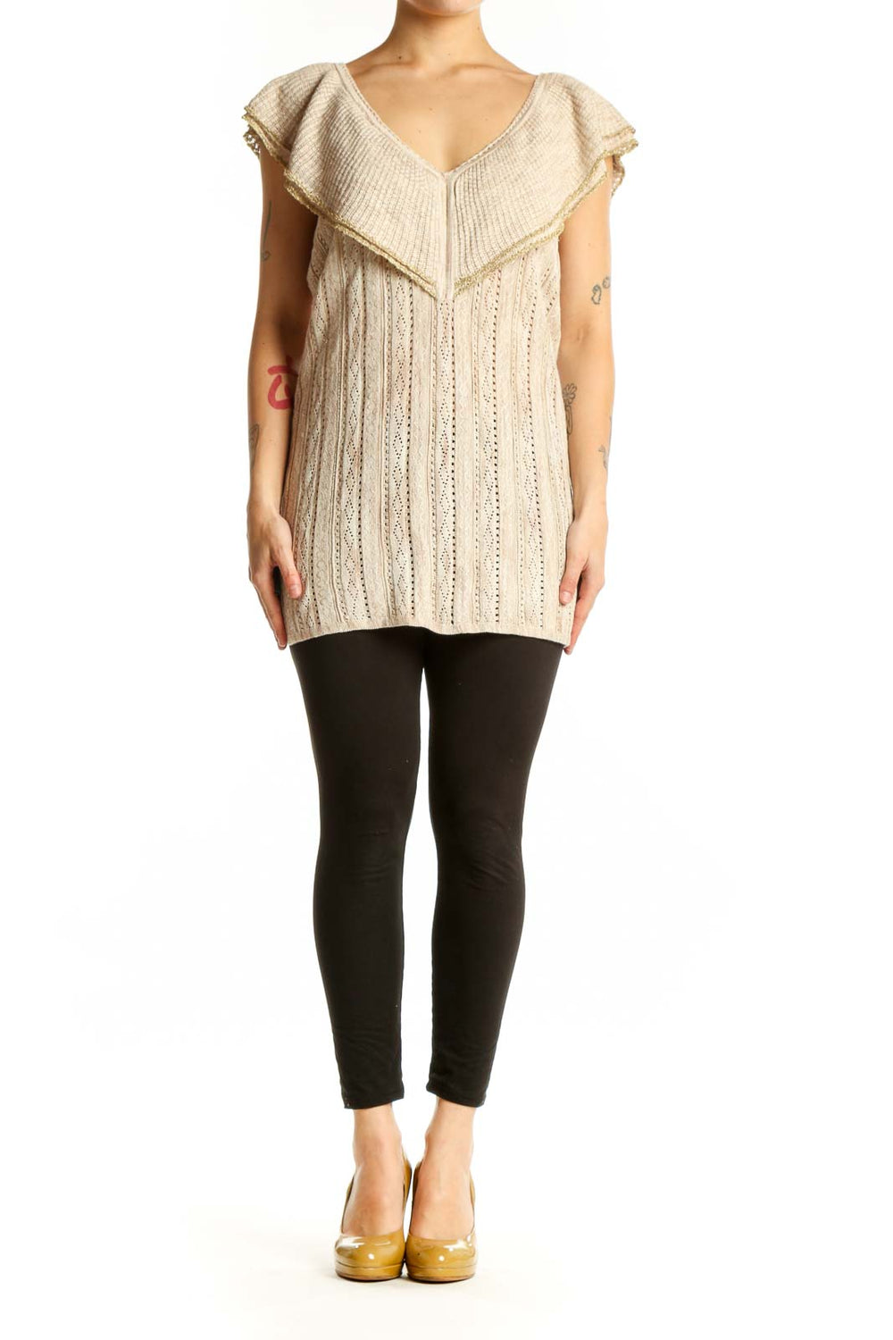 Cream ruffled v-neck knit top with eyelet detailing and flutter sleeves, front view