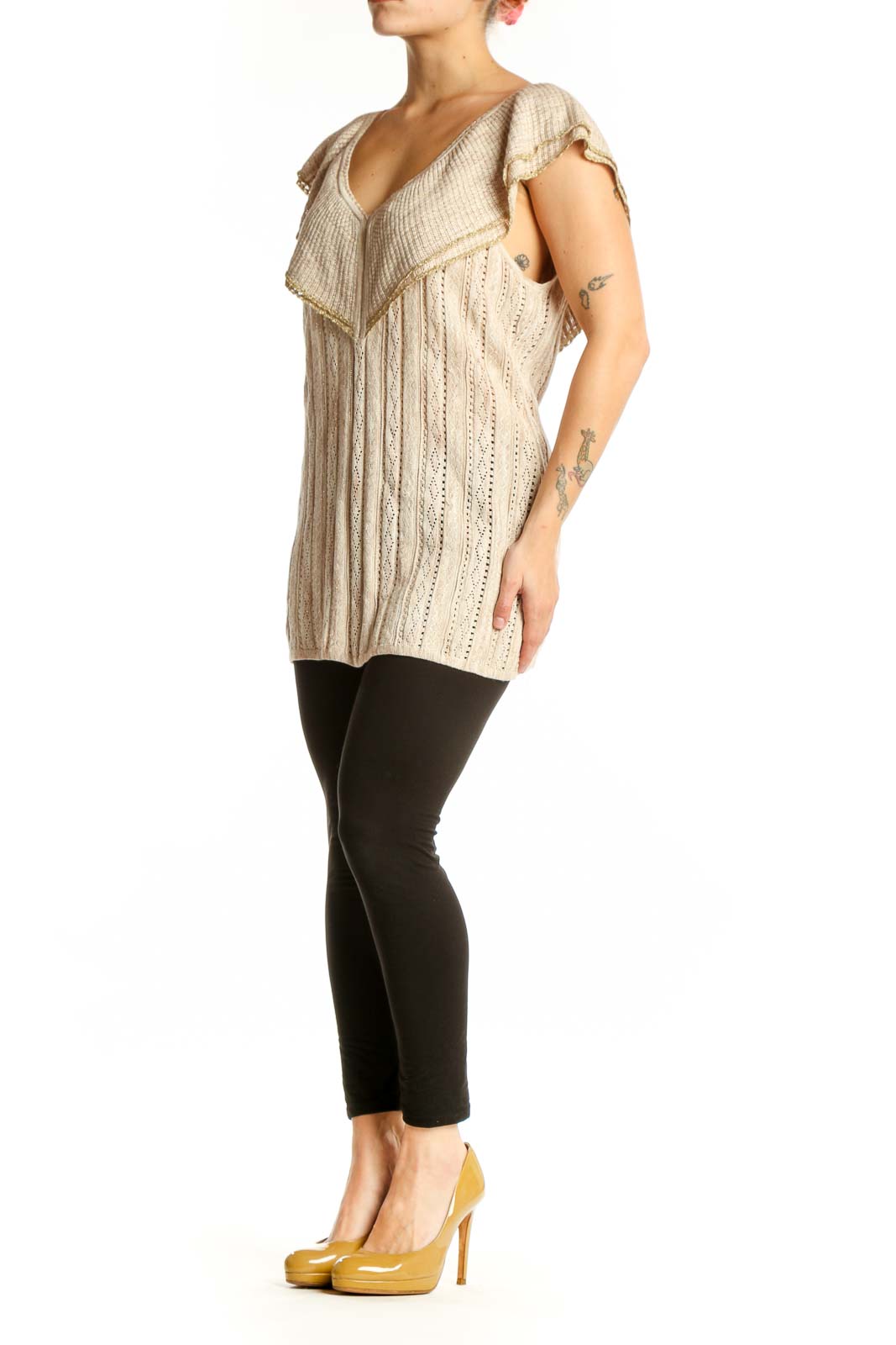 Cream ruffled v-neck knit top with eyelet detailing and flutter sleeves, front view