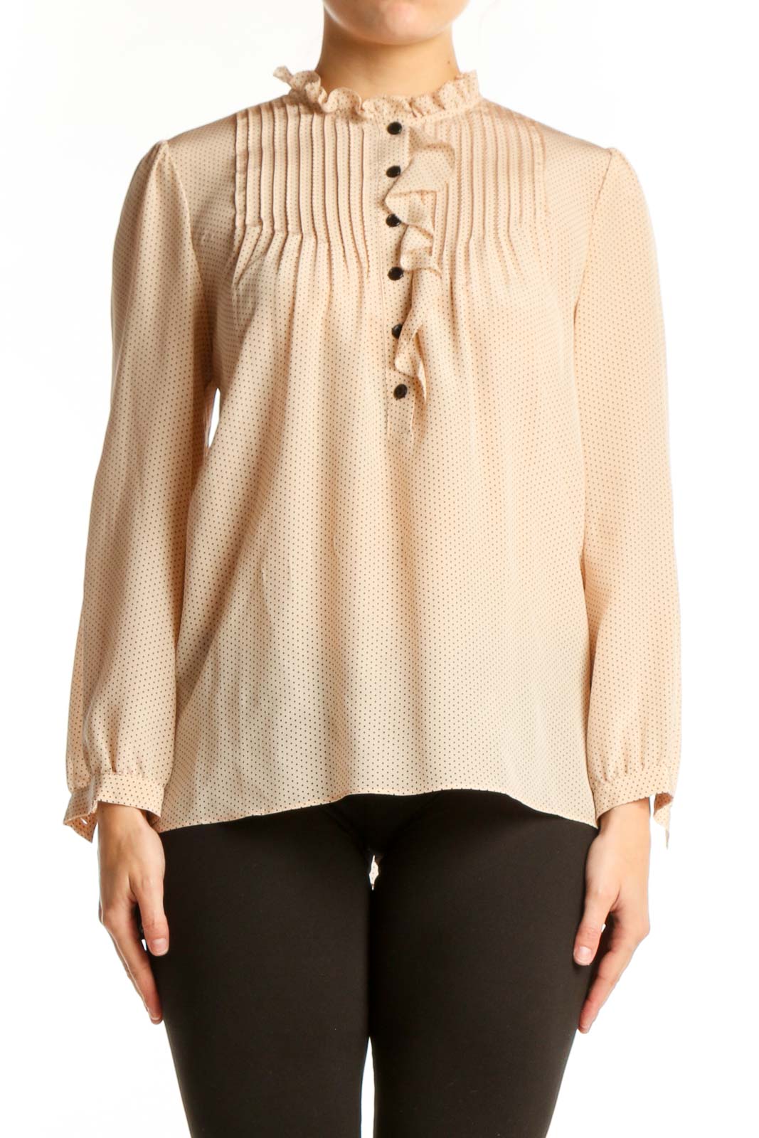 Cream silk pleated blouse with button-front closure and ruffled neckline by Rebecca Taylor