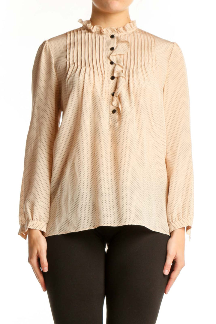 Cream silk pleated blouse with button-front closure and ruffled neckline by Rebecca Taylor