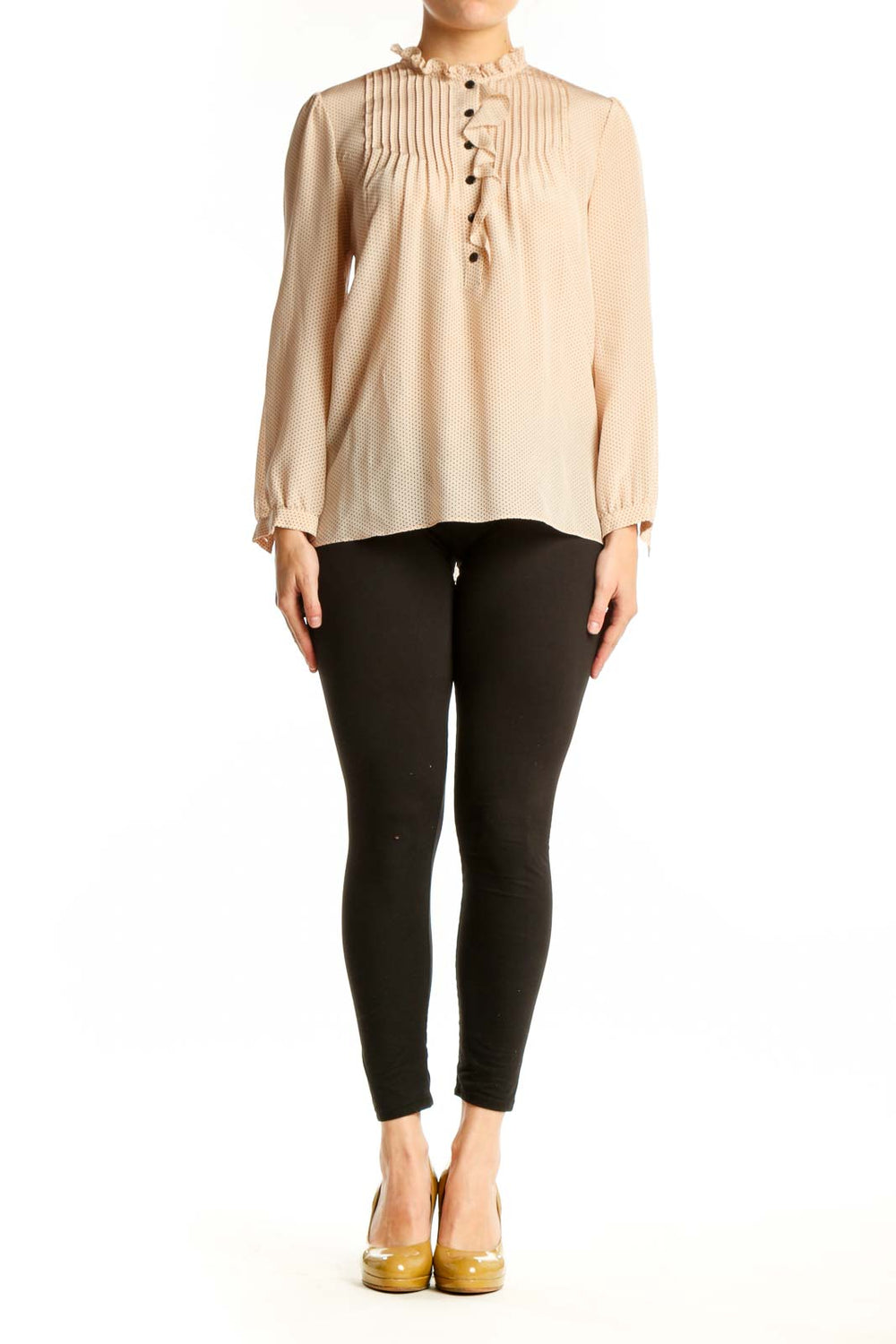 Cream silk pleated blouse with button-front closure and ruffled neckline by Rebecca Taylor