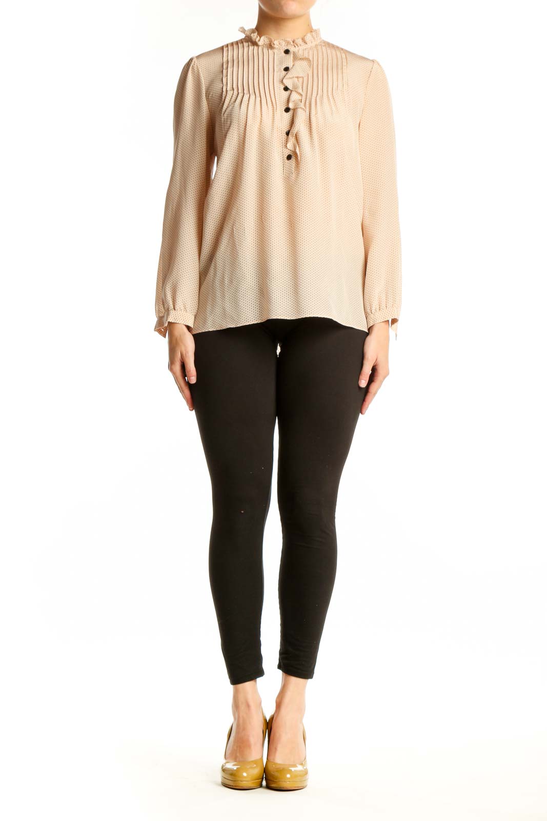 Cream silk pleated blouse with button-front closure and ruffled neckline by Rebecca Taylor