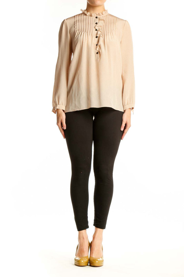Cream silk pleated blouse with button-front closure and ruffled neckline by Rebecca Taylor