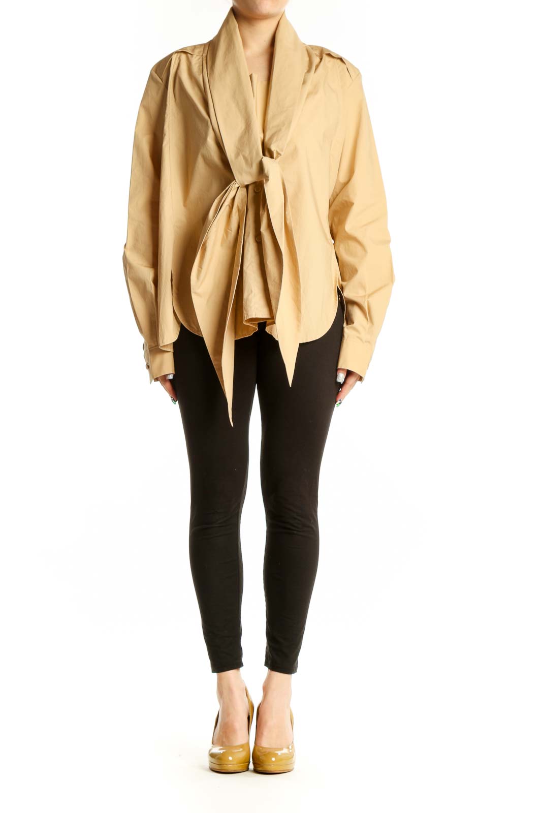 Beige cotton tie-front blouse with long sleeves and button cuffs, front view