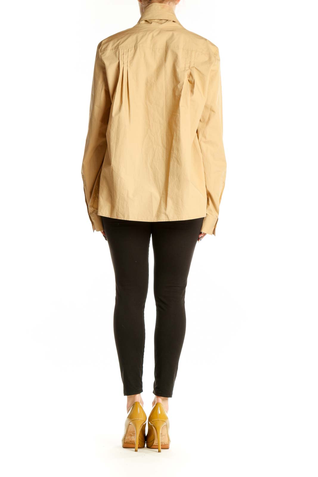 Beige cotton tie-front blouse with long sleeves, back view showing elegant drape