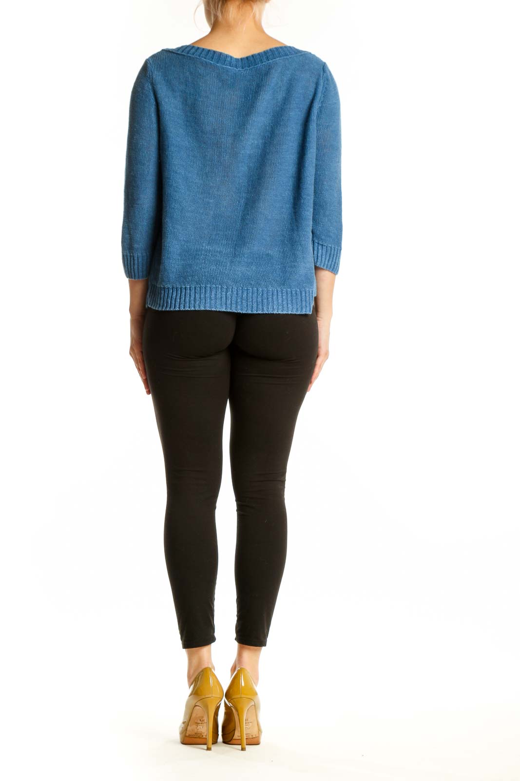 Blue linen knit sweater back view showing relaxed fit and ribbed hem detail