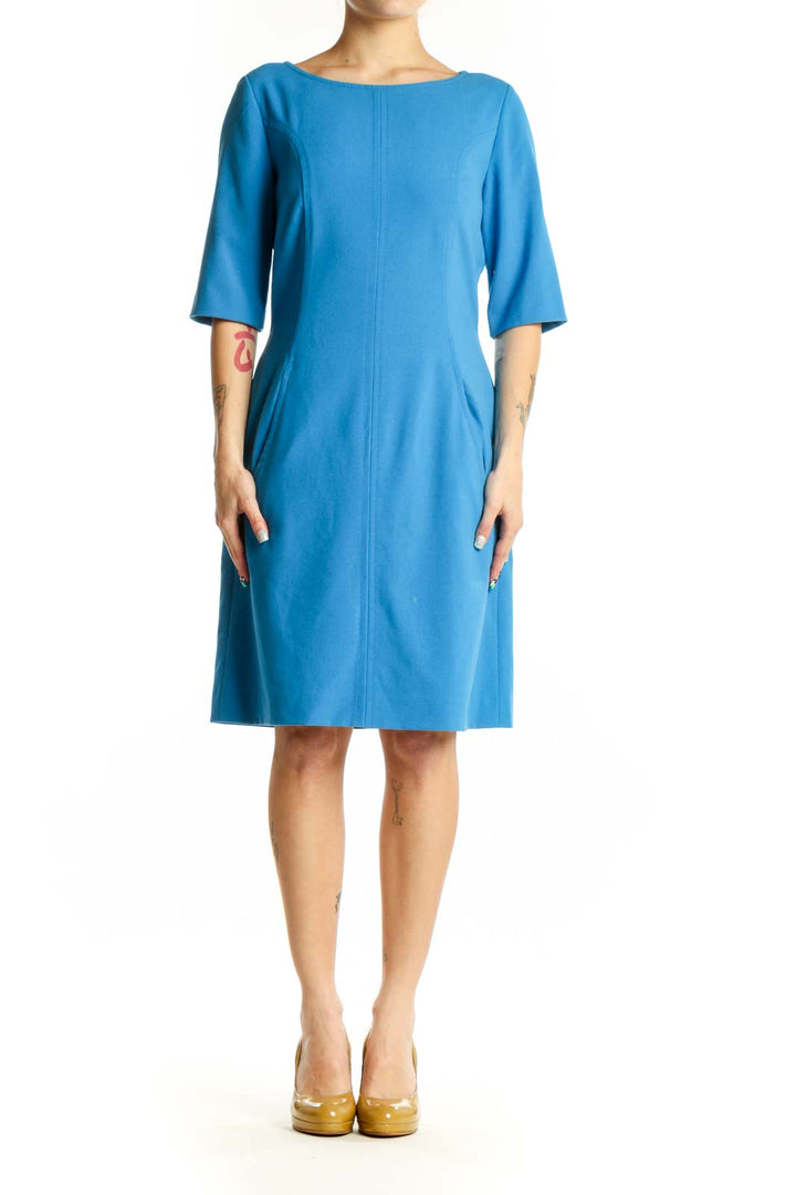 Front view of blue A-line half sleeve dress with boat neckline by Tahari Arthur S. Levine