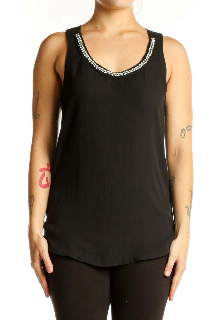 Black embellished tank top with rhinestone V-neckline from Express, front view