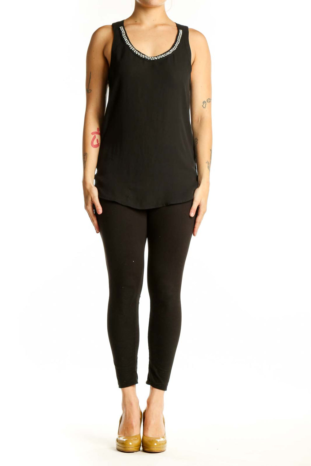 Black embellished tank top with rhinestone V-neckline from Express, front view