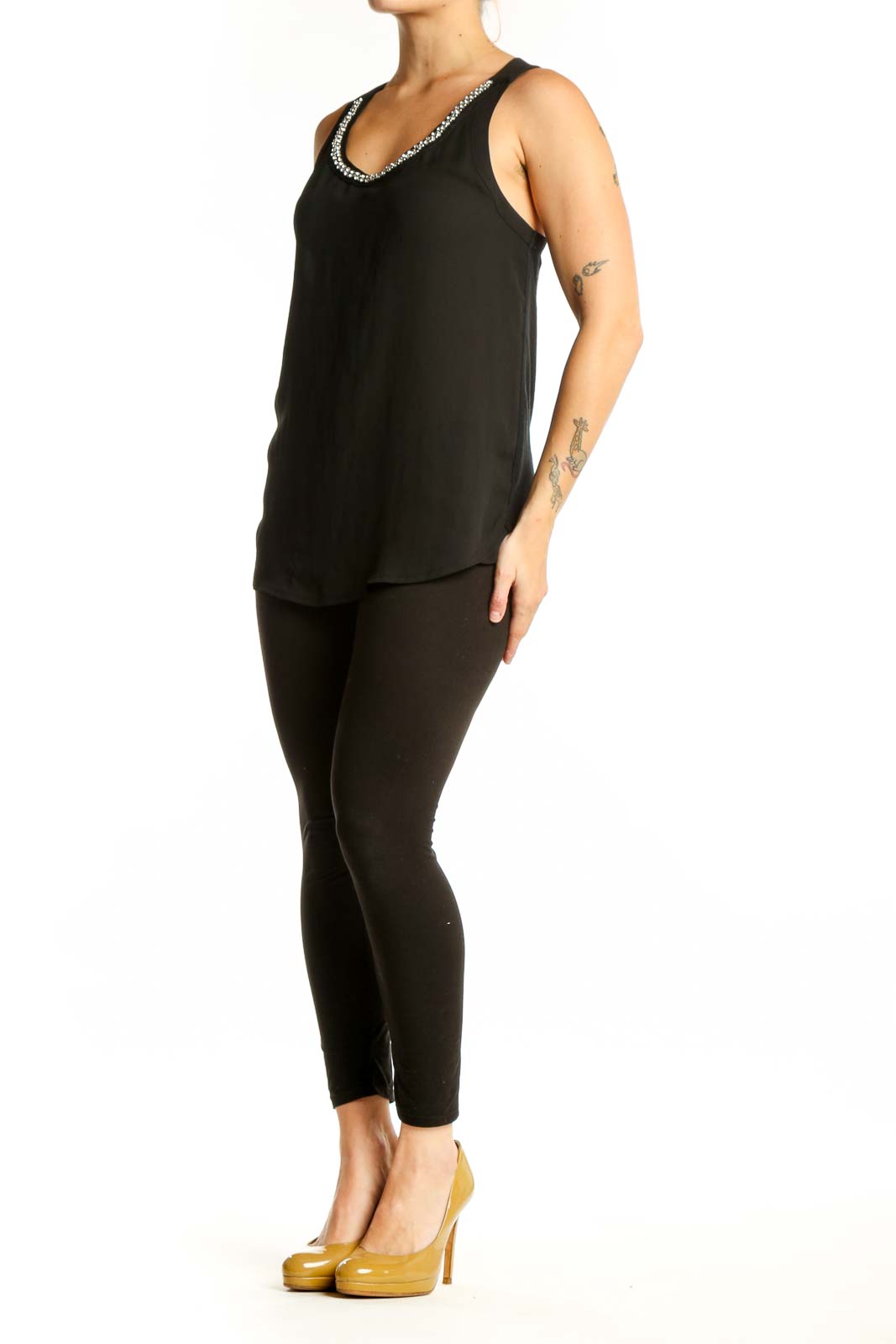 Black embellished tank top with rhinestone V-neckline from Express, front view