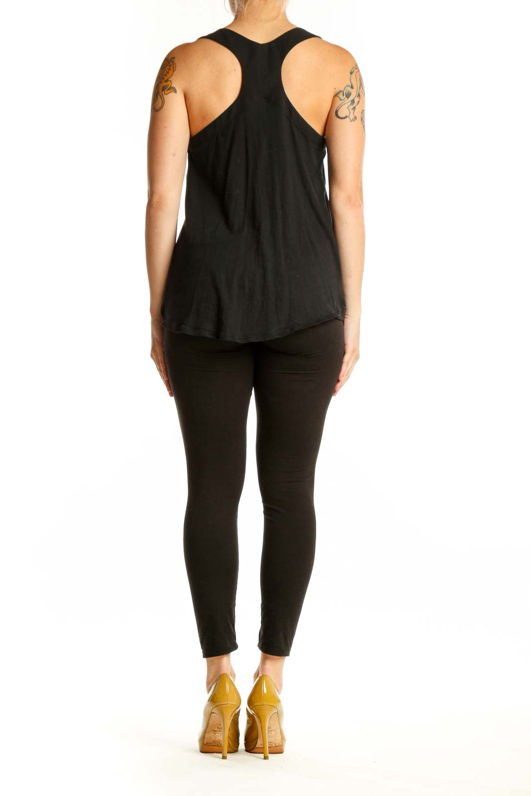 Black embellished tank top with rhinestone neckline from Express, back view