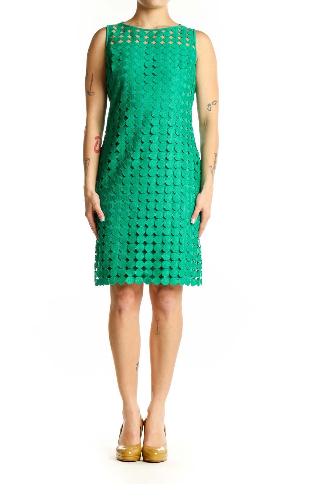 Lauren Ralph Lauren green eyelet lace sleeveless dress front view