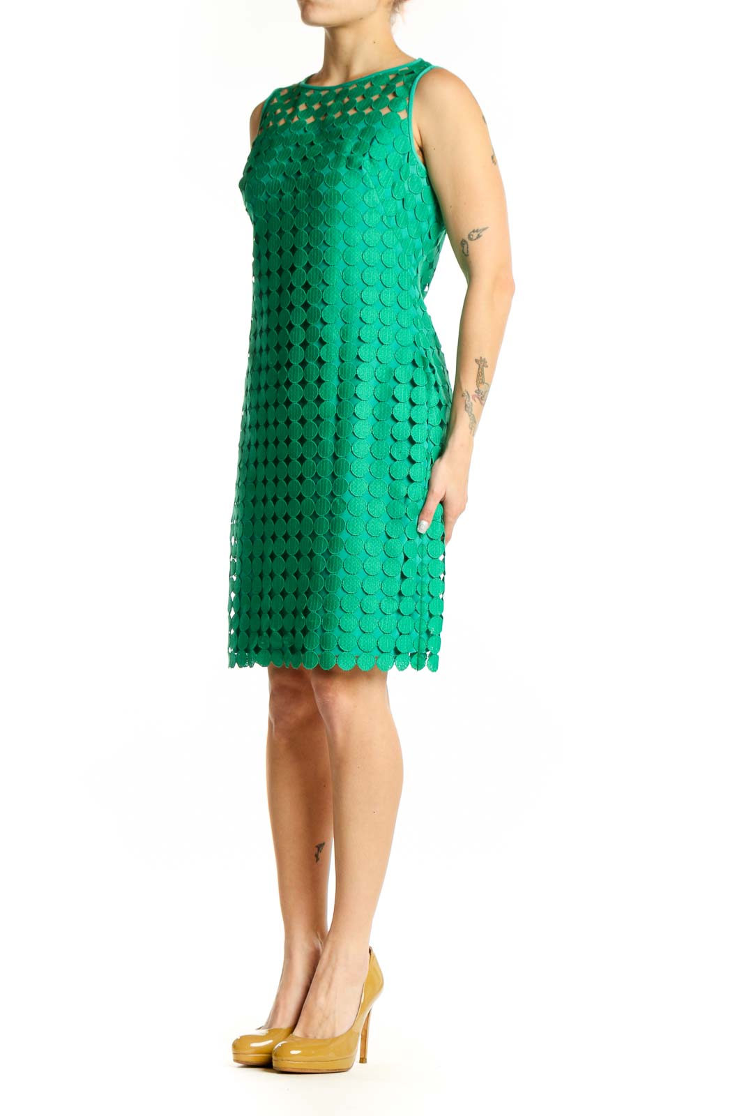 Lauren Ralph Lauren green eyelet lace sleeveless dress front view