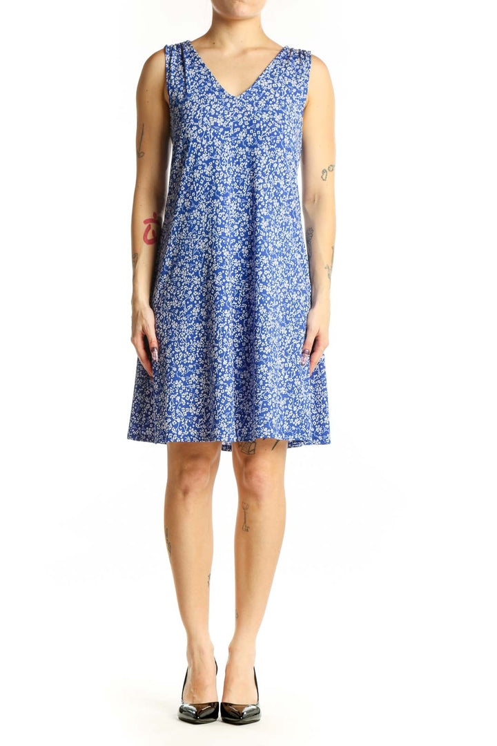 Blue floral V-neck sleeveless A-line dress front view