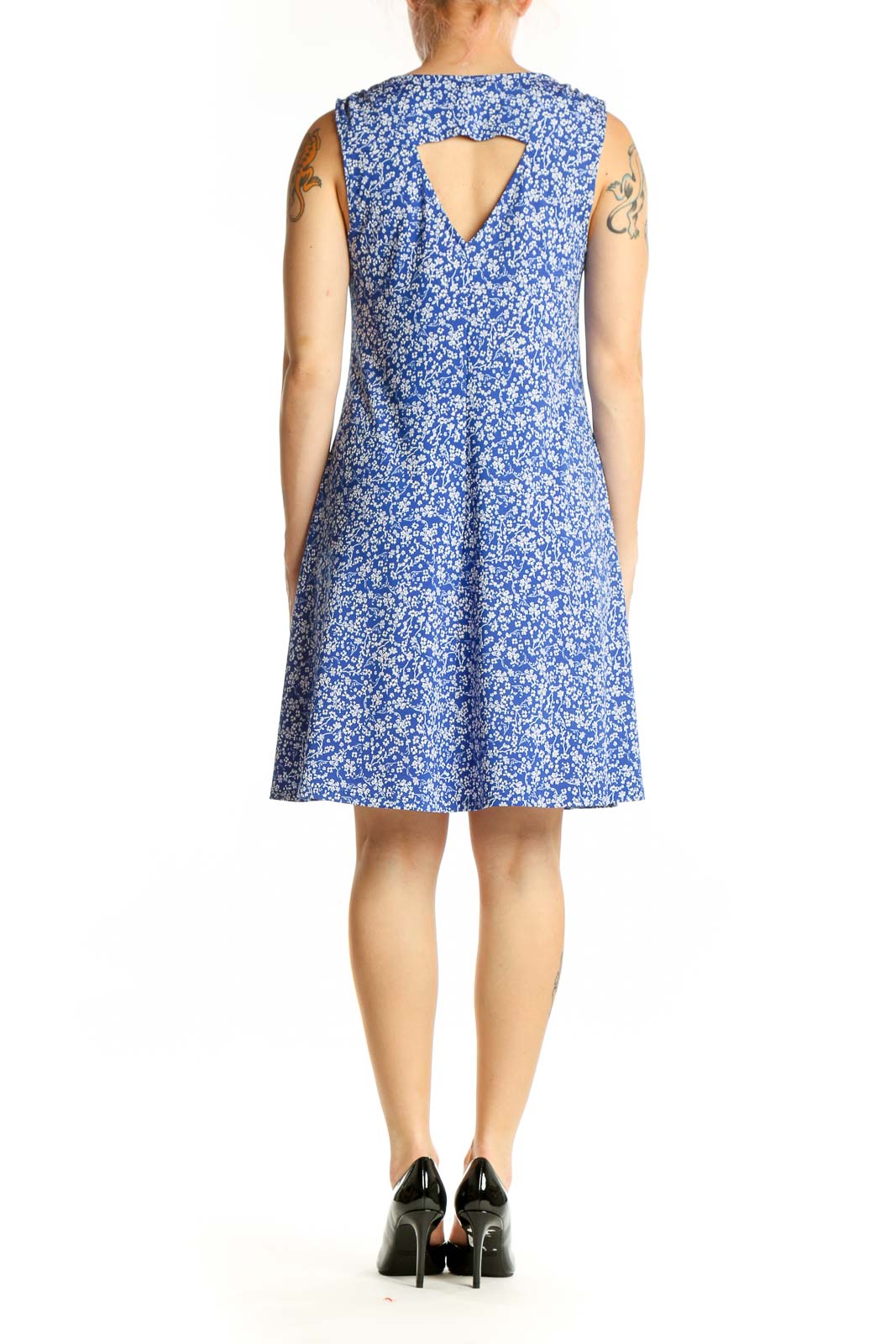 Blue floral V-neck sleeveless A-line dress back view