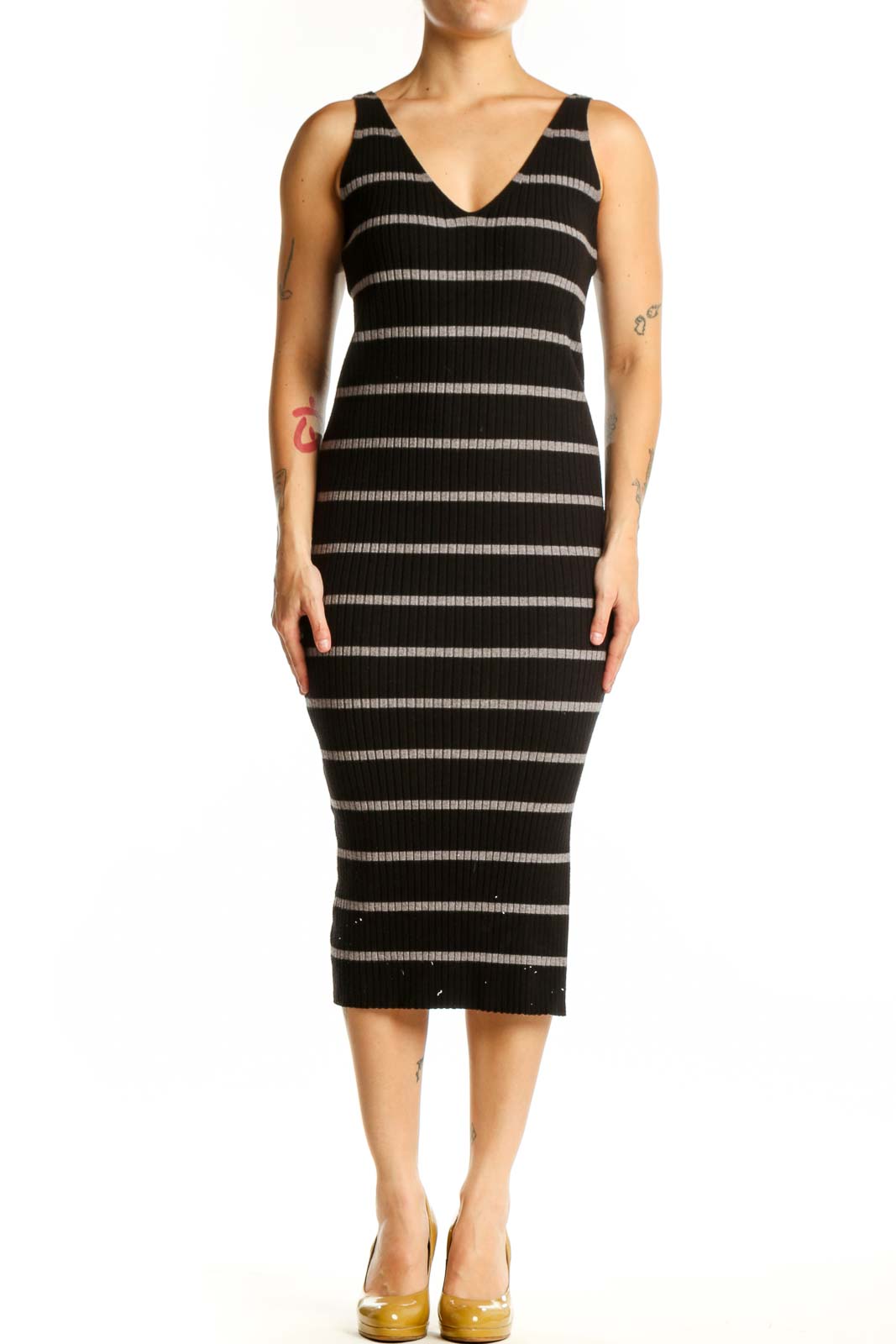 Black and cream striped midi bodycon dress with V-neckline, front view