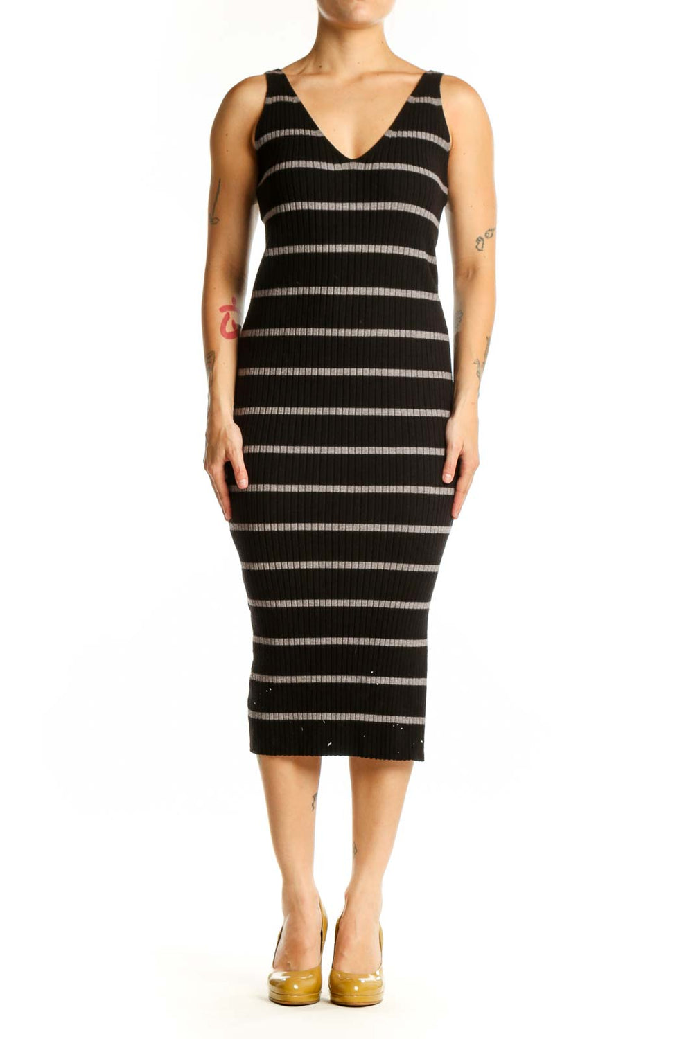 Black and cream striped midi bodycon dress with V-neckline, front view