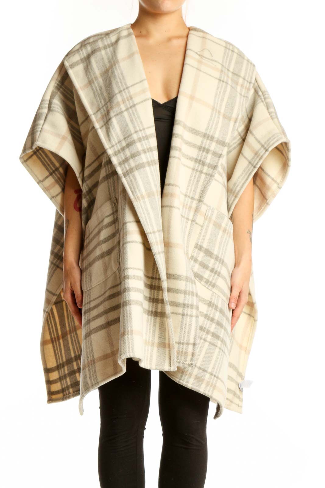 Cream and taupe plaid wool blend kimono cardigan with flutter sleeves and open front, worn over black top