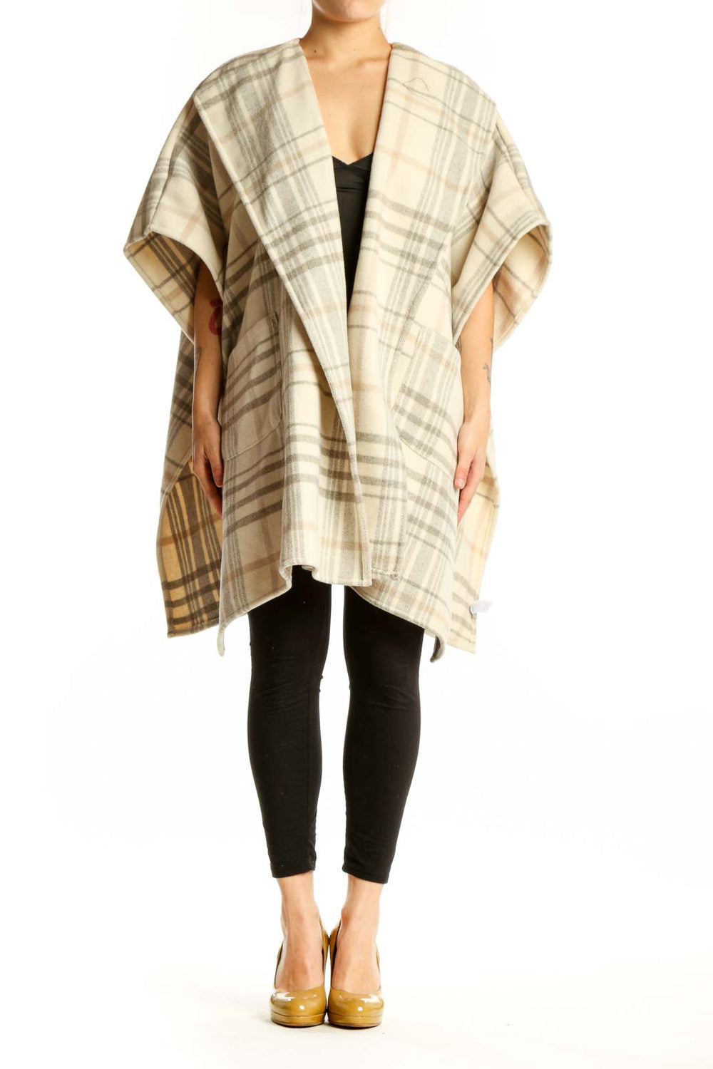 Cream and taupe plaid wool blend kimono cardigan with flutter sleeves and open front, worn over black top