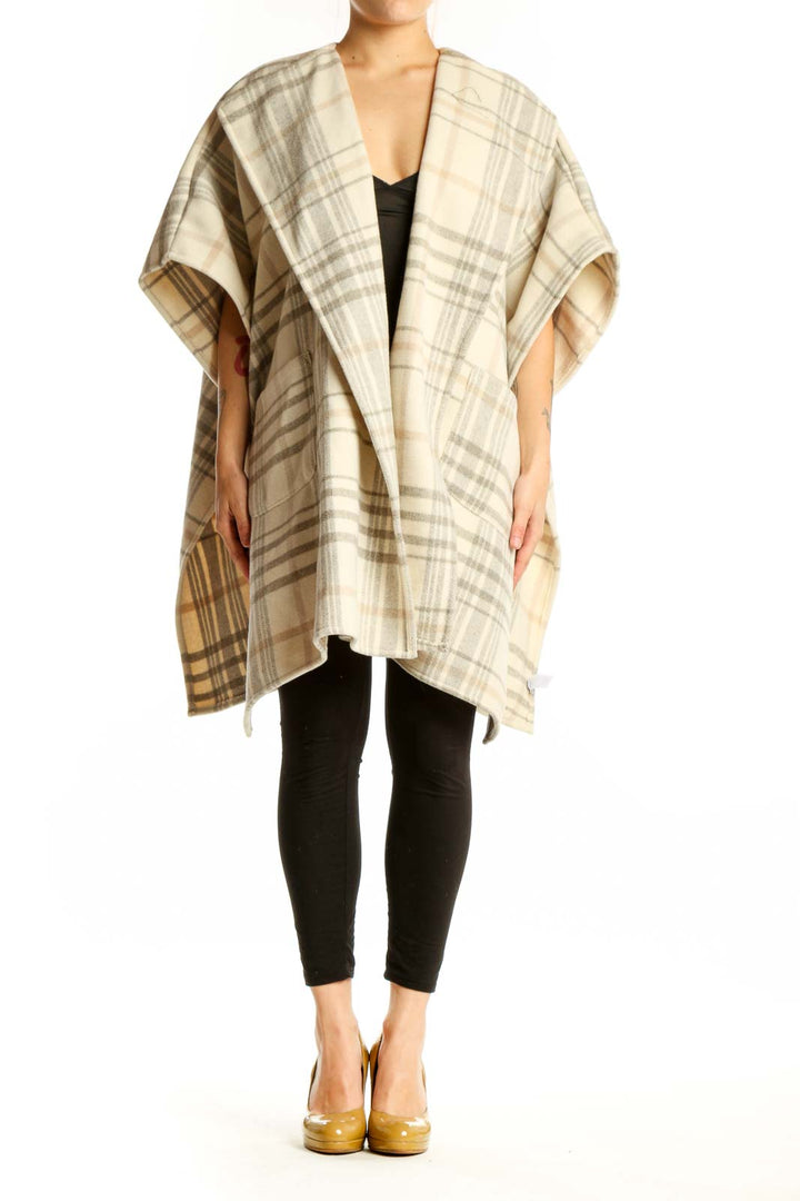 Cream and taupe plaid wool blend kimono cardigan with flutter sleeves and open front, worn over black top