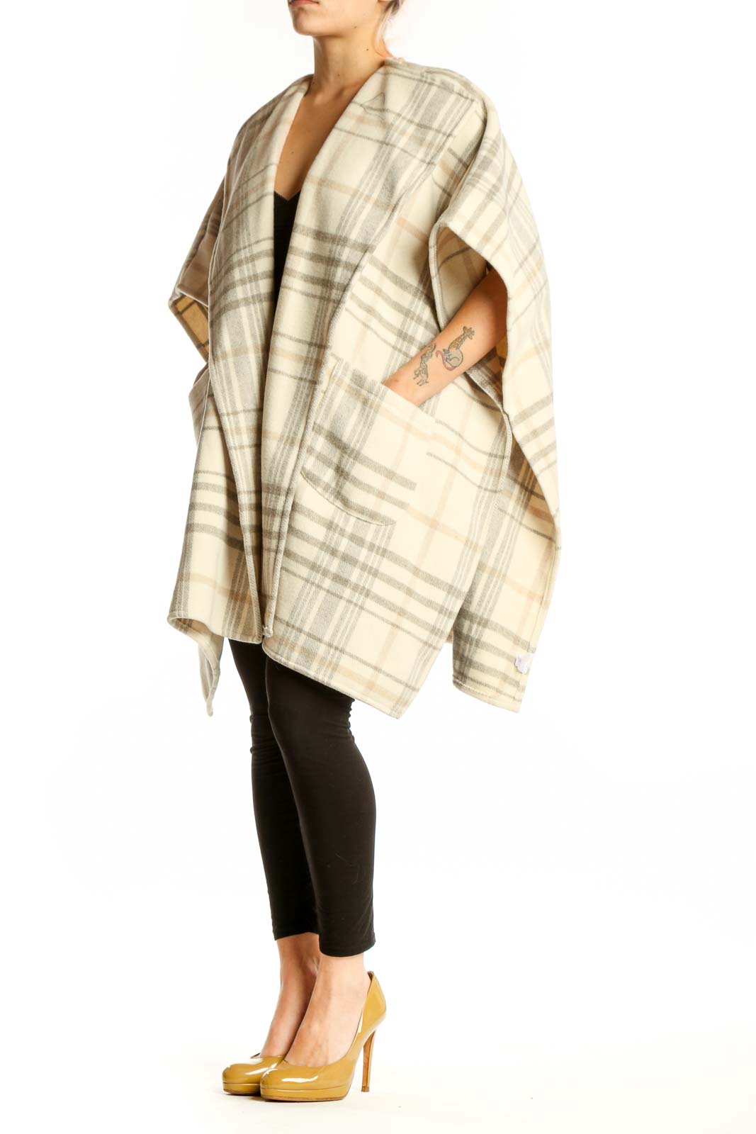 Cream and taupe plaid wool blend kimono cardigan with flutter sleeves and open front, worn over black top