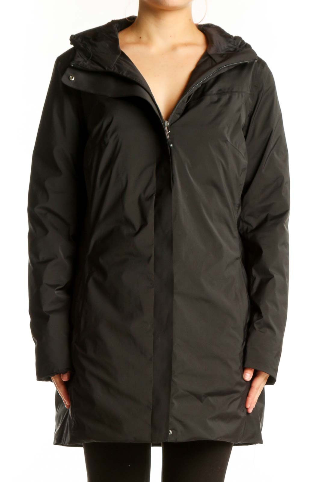 Black hooded puffer jacket with full-zip closure and quilted design, front view