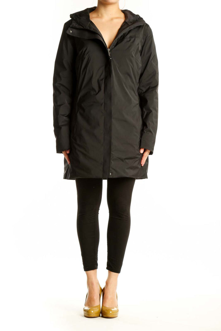 Black hooded puffer jacket with full-zip closure and quilted design, front view