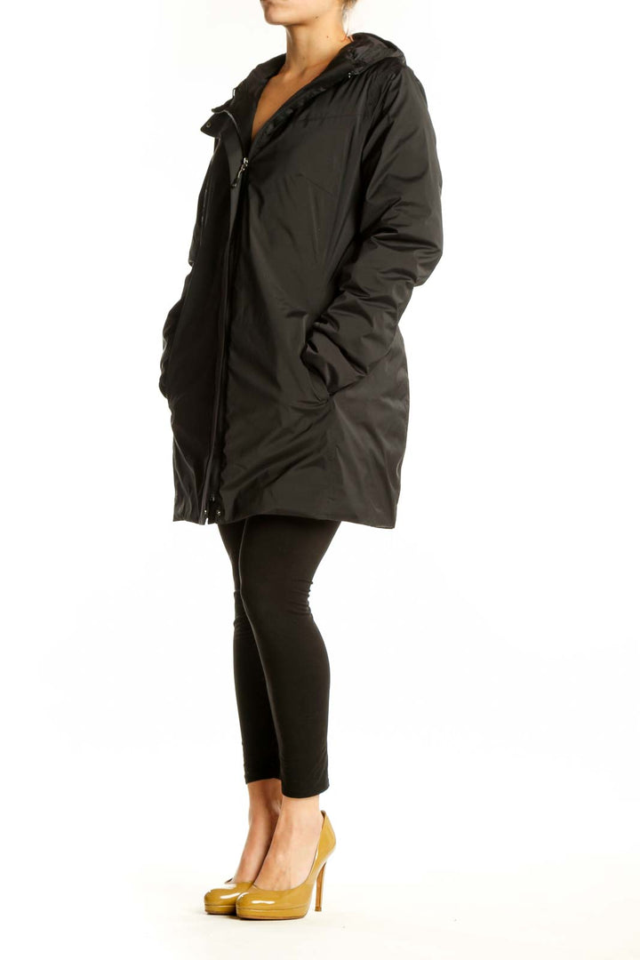 Black hooded puffer jacket with full-zip closure and quilted design, front view