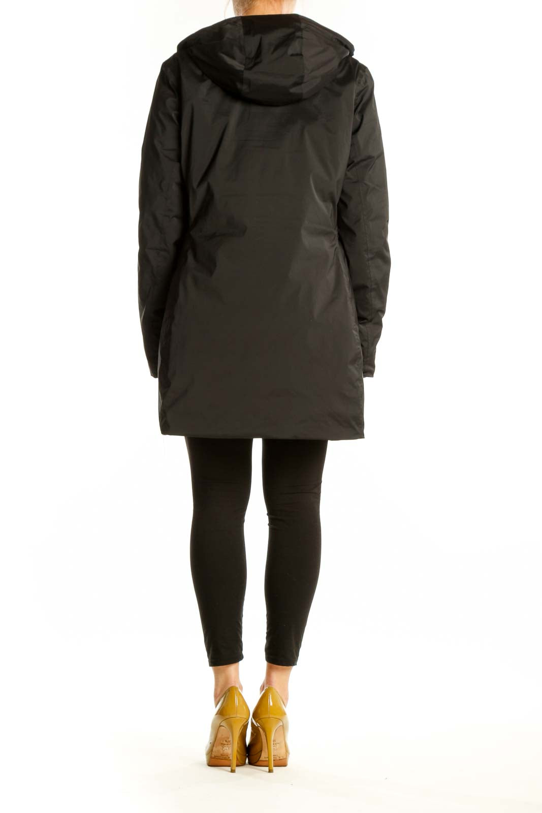 Black hooded puffer jacket back view showing structured quilted pattern and hood detail