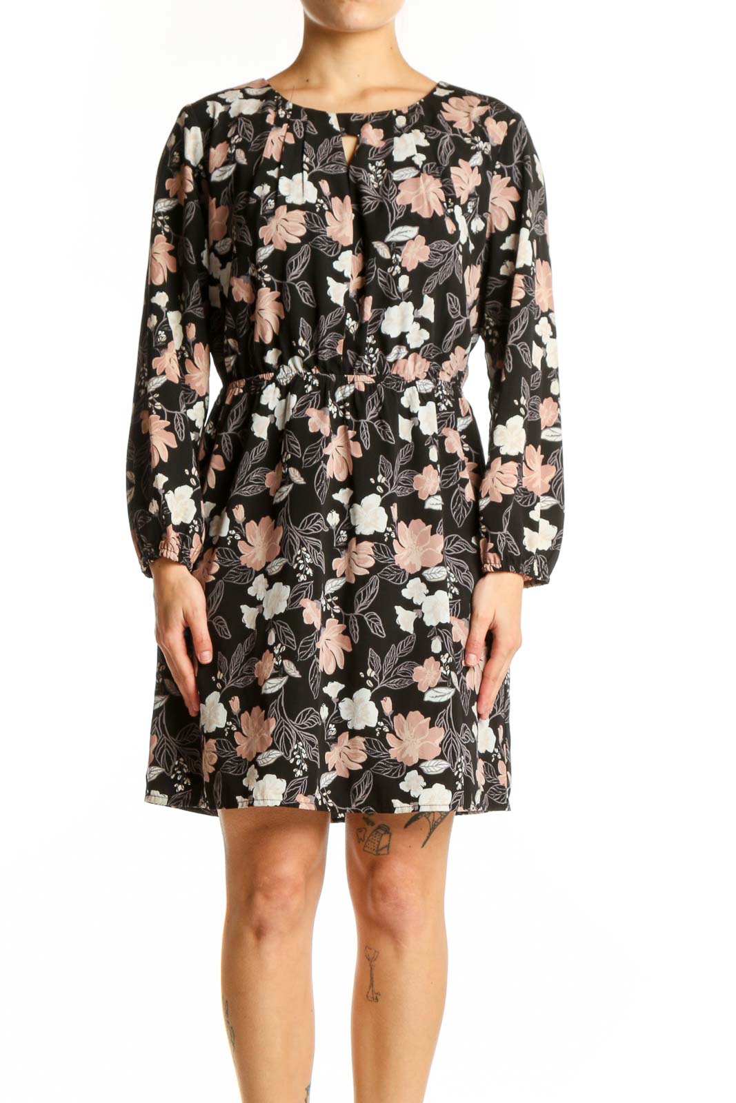 Black floral puff sleeve dress with pink and cream flowers, front view on model