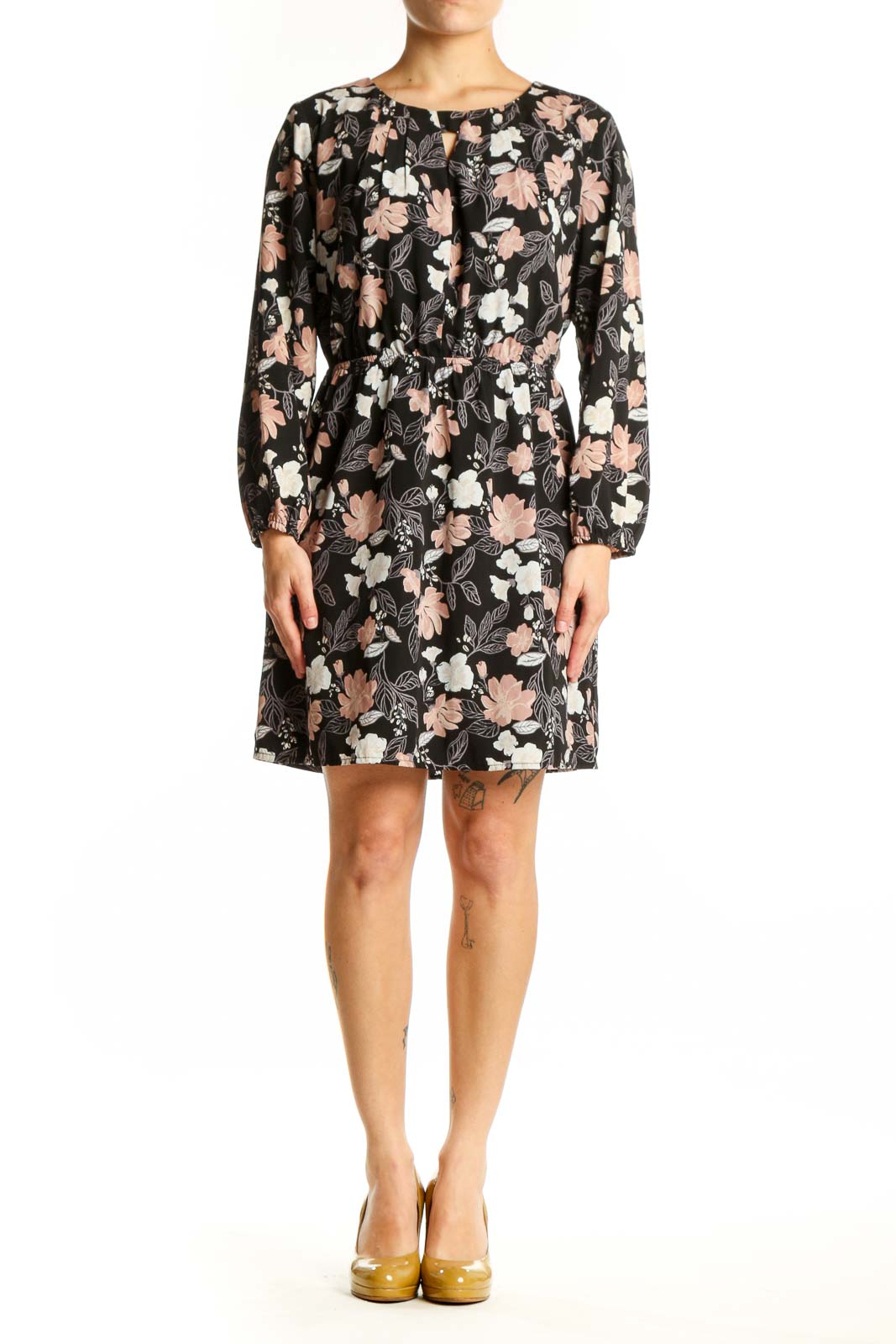 Black floral puff sleeve dress with pink and cream flowers, front view on model
