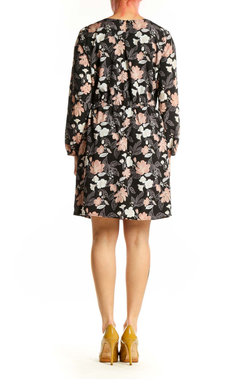 Black floral puff sleeve dress with pink and cream flowers, back view on model
