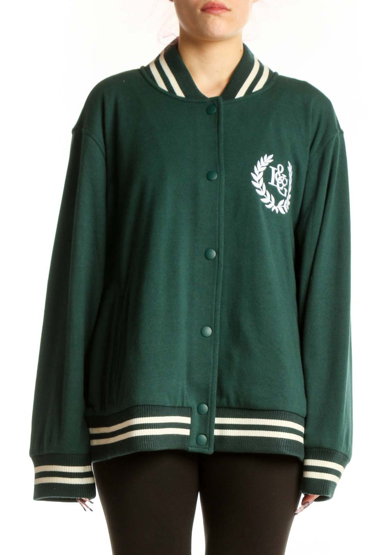 Lou & Grey forest green varsity bomber jacket with embroidered laurel wreath logo and cream striped ribbing, front view