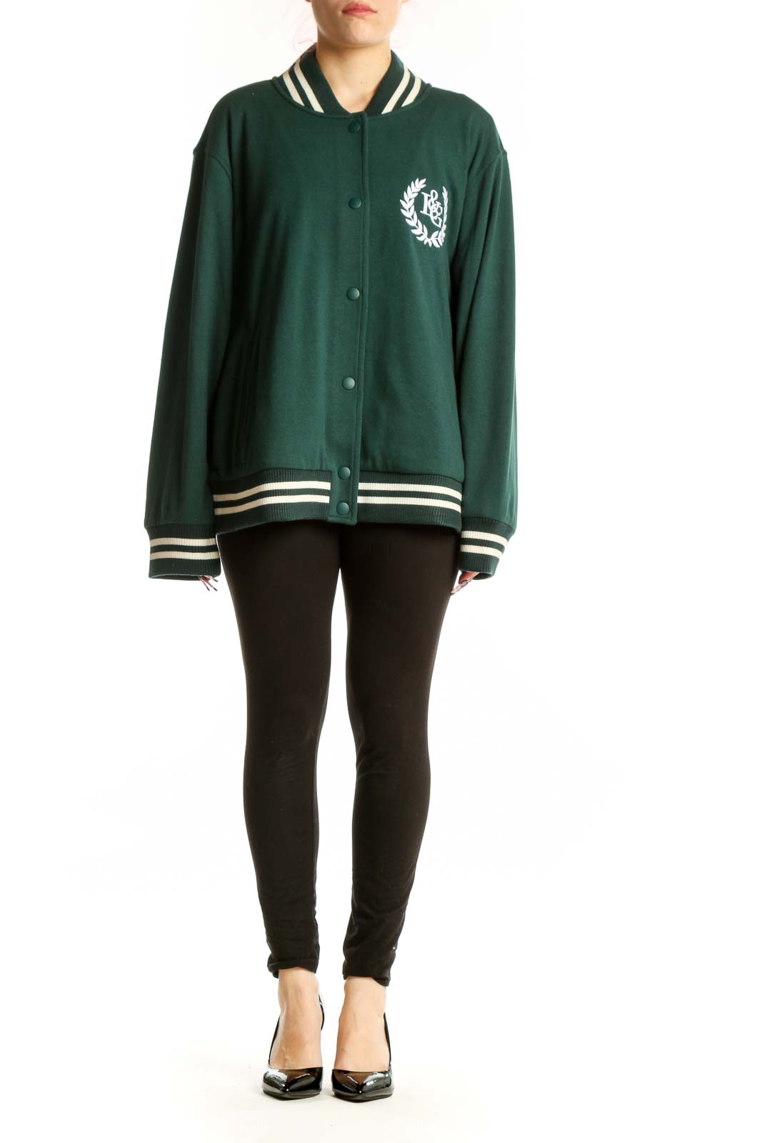 Lou & Grey forest green varsity bomber jacket with embroidered laurel wreath logo and cream striped ribbing, front view
